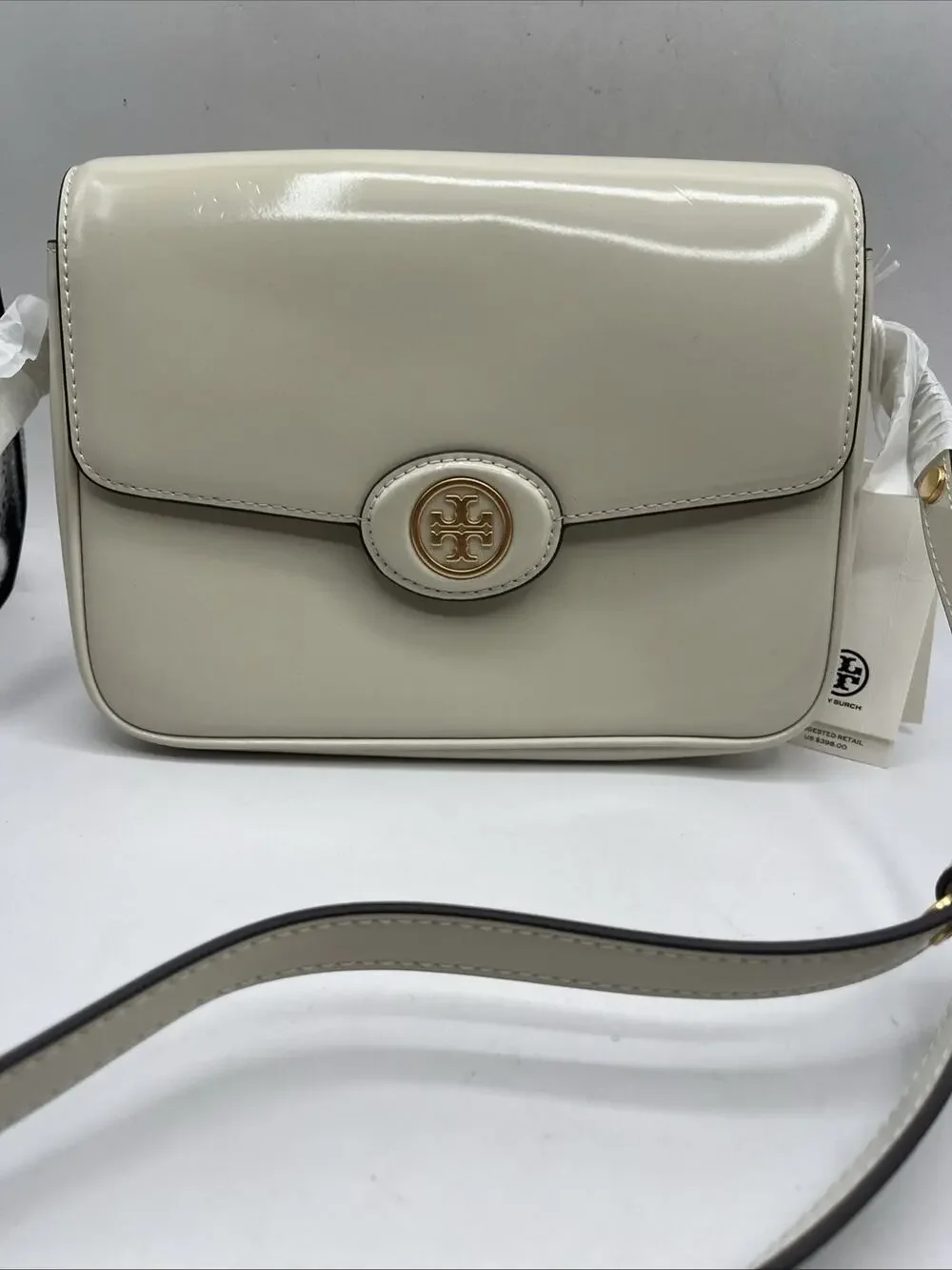 Tory Burch Robinson Spazzolato Convertible Top Handle Bag Patent Leather Ivory